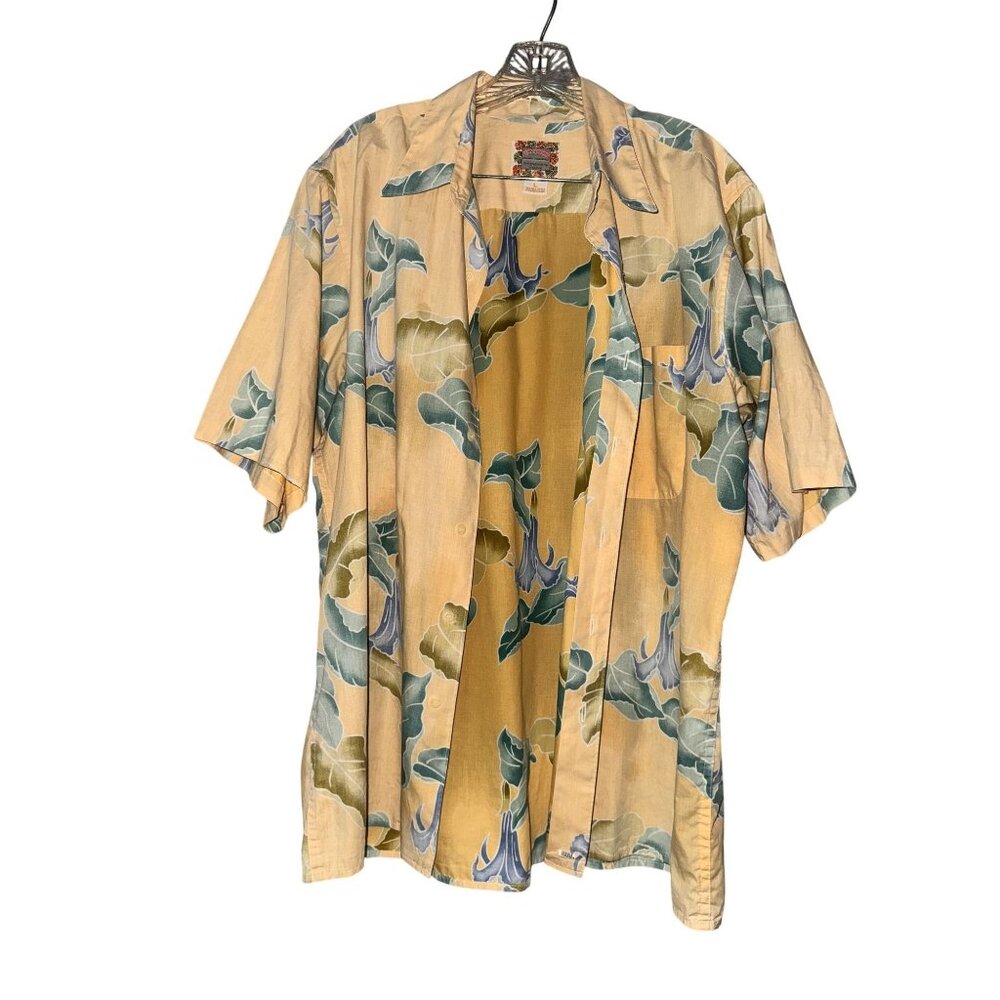 Reyn Spooner Hawaiian Shirt Large Yellow Floral 100% Cotton Short Sleeve Button- - Picture 1 of 4